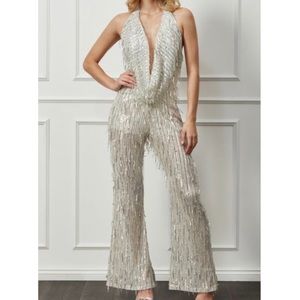 Goddiva Champagne Cowl Neck Sequin Jumpsuit